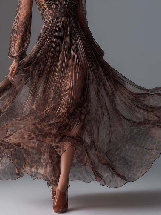 Leopard Chiffon Pleated Maxi Dress