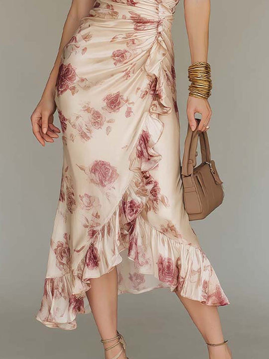 Elegant Floral Ruffle Wrap Midi Dress