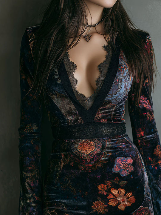 Boho Floral Print V-Neck Velvet Bodycon Mini Dress With Lace Trim