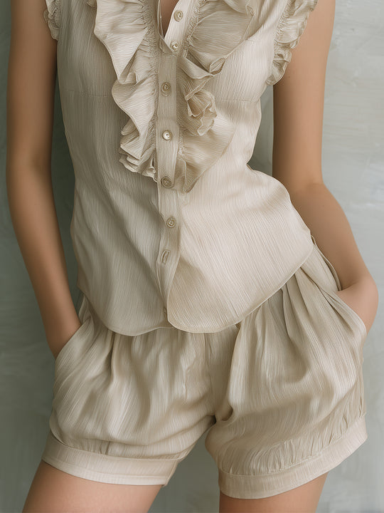 Retro Ruffled Sleeveless Blouse & Shorts Set