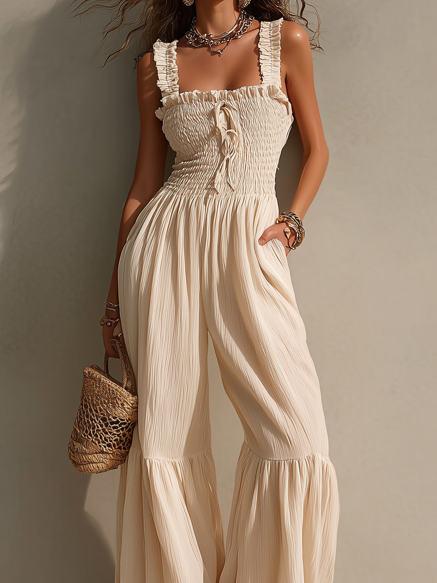 Boho Breast-hugging Ruffled Hem Chiffon Pleated Jumpsuit
