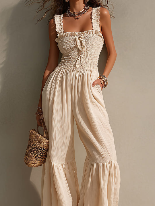 Boho Breast-hugging Ruffled Hem Chiffon Pleated Jumpsuit