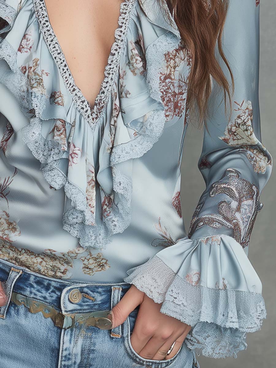 Retro Ruffle Neck Lace Floral Leopard Print Polyester Satin Blouse