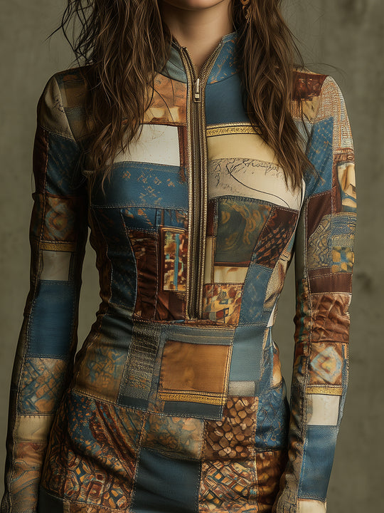 Bohemian Retro Printed Knitted Half-zip Slim Mini Dress