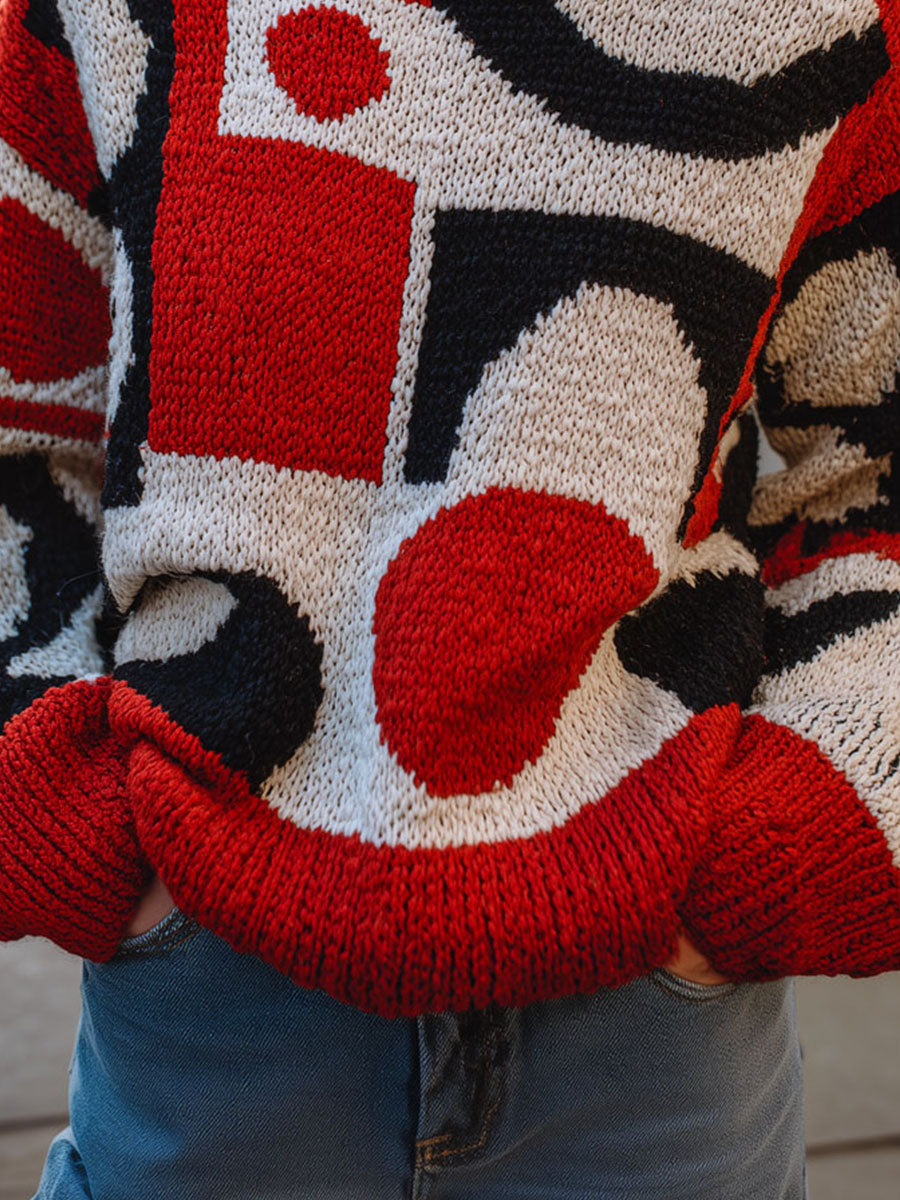 Retro Red And Black Block Abstract Geometric Knit Sweater