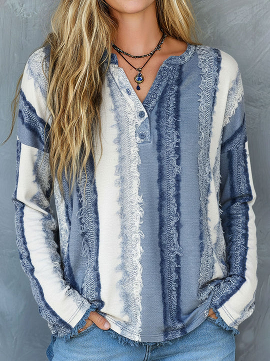 Boho Chic Blue Striped Textured Frayed Henley Top