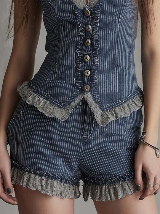 Pinstripe Pure-Cotton Denim Vest & Shorts Set