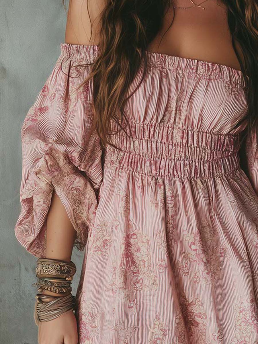Romantic Boho Off-Shoulder Smocked Chiffon Mini Dress