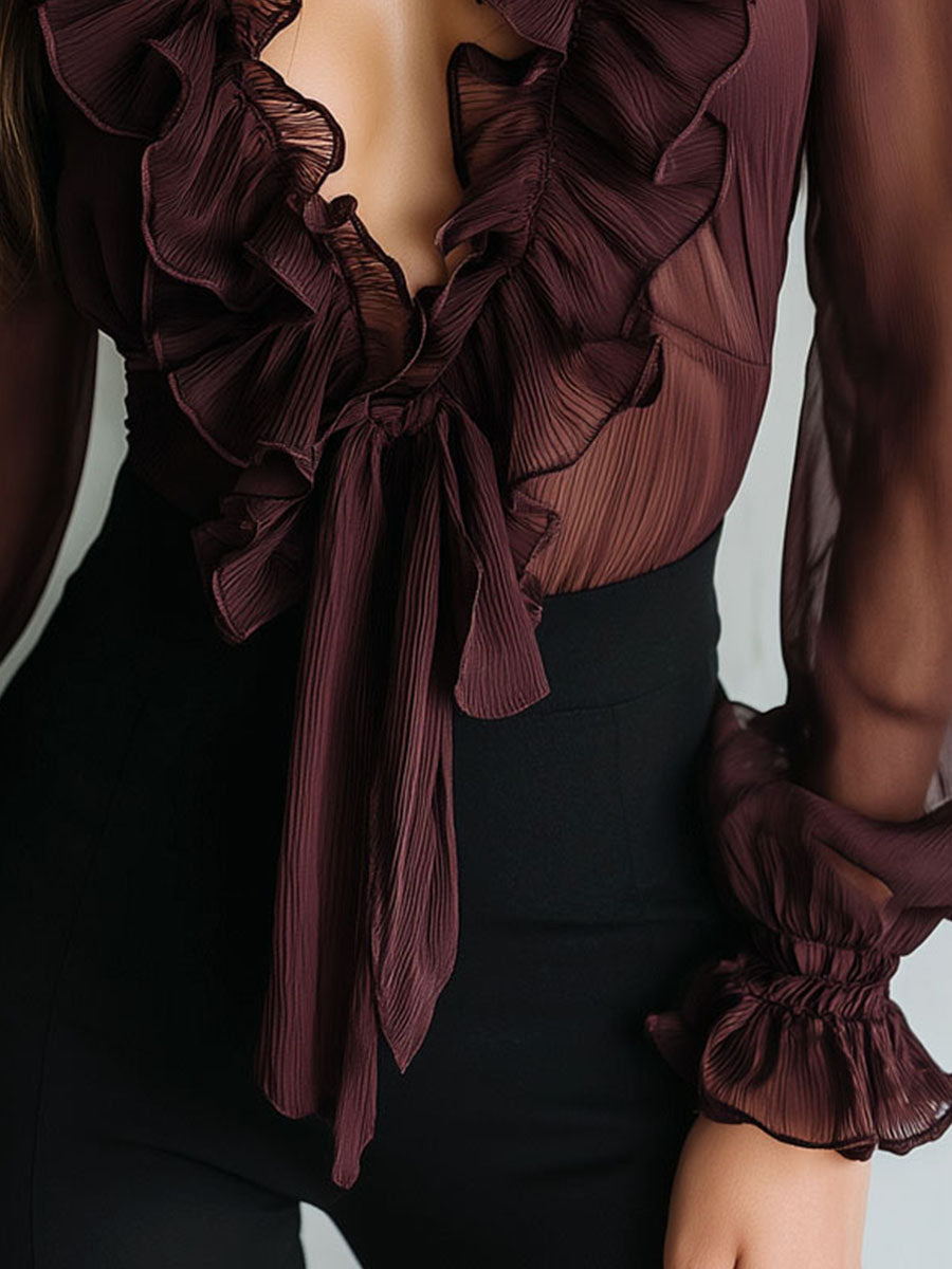 Retro Plum Sheer Ruffled  Long Sleeve Tie-Front Chiffon Blouse