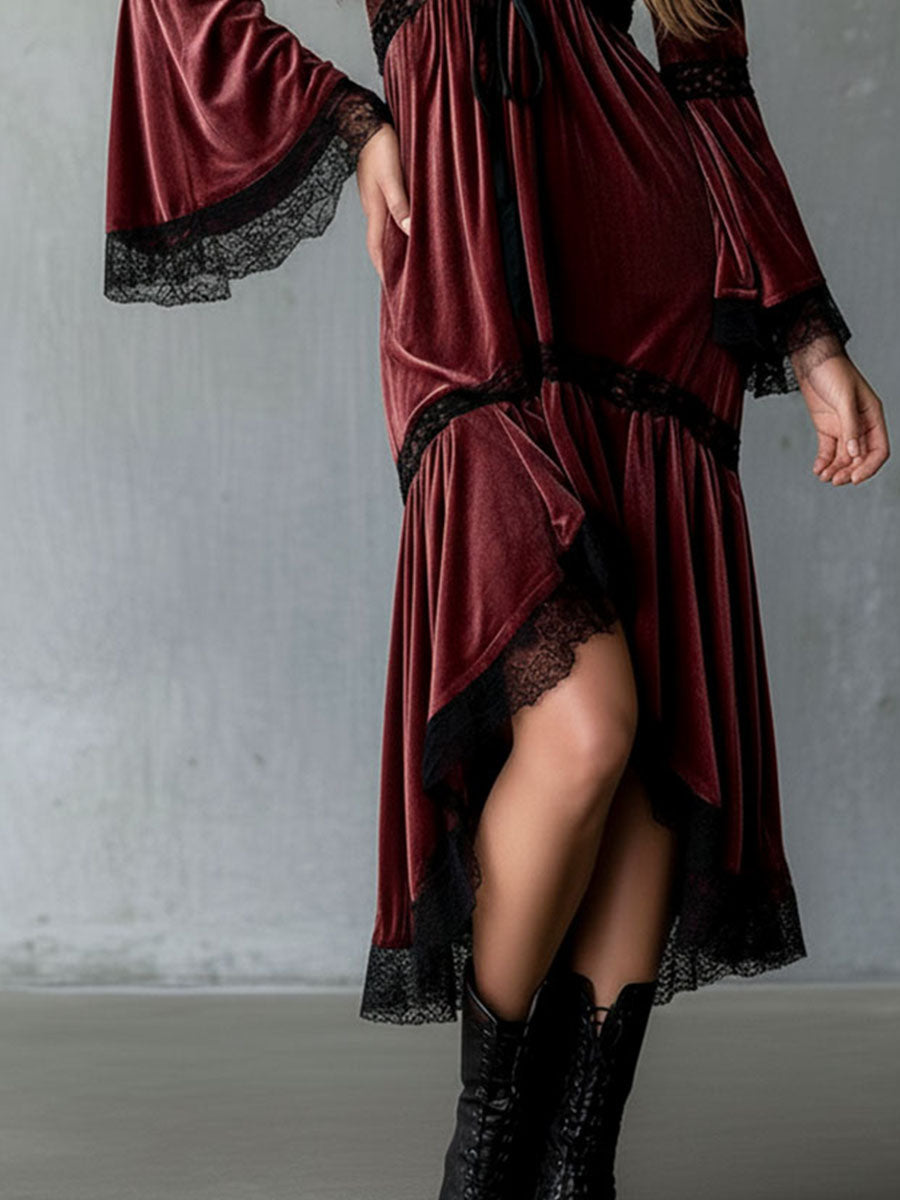 Vintage Burgundy Velvet Lace-Trim Boho Midi Dress