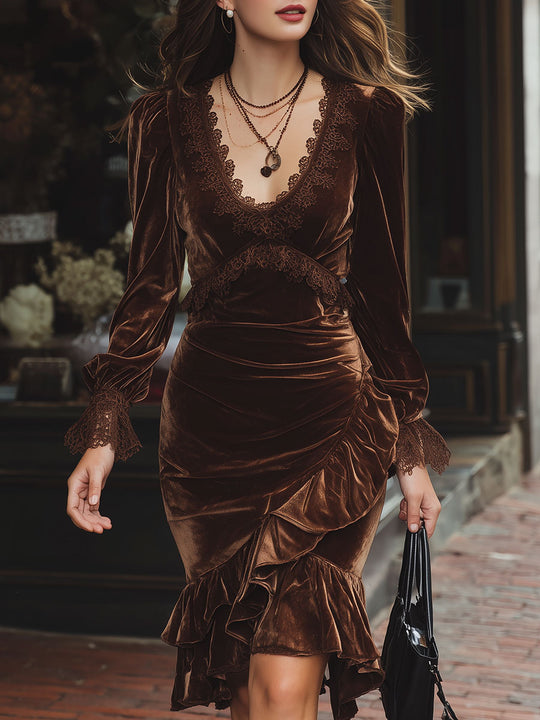 Elegant Irregular Ruffled Hem Polyester Velvet Lace Midi Dress