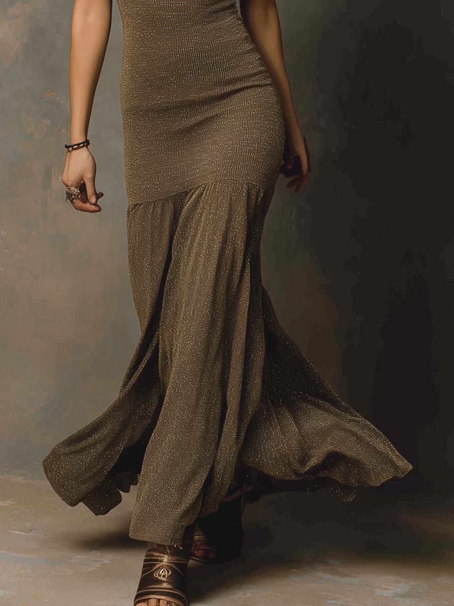 Retro Square Neck Flare Hem Metallic Knit Maxi Dress