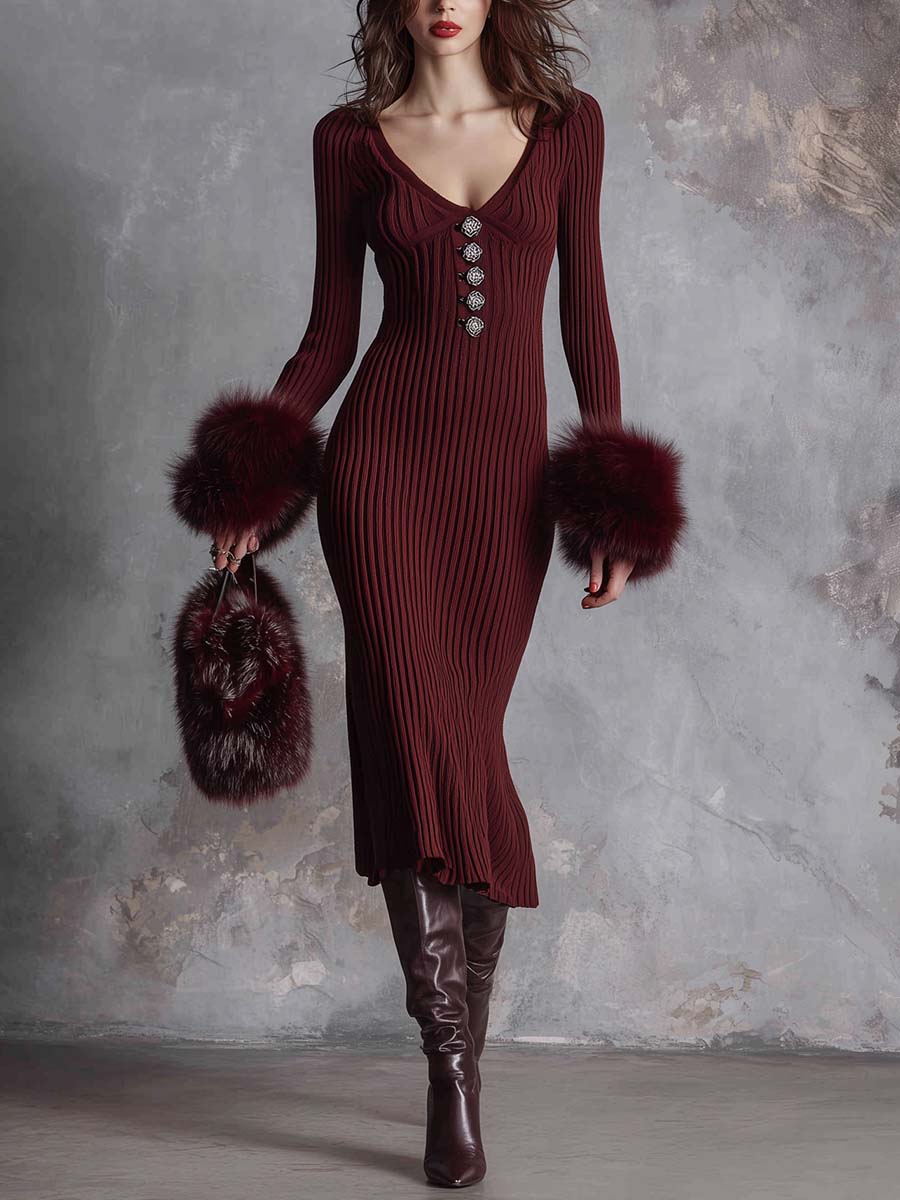Ribbed Knit Midi Dress With Statement Buttons And Faux Fur Cuffs – Wine Red