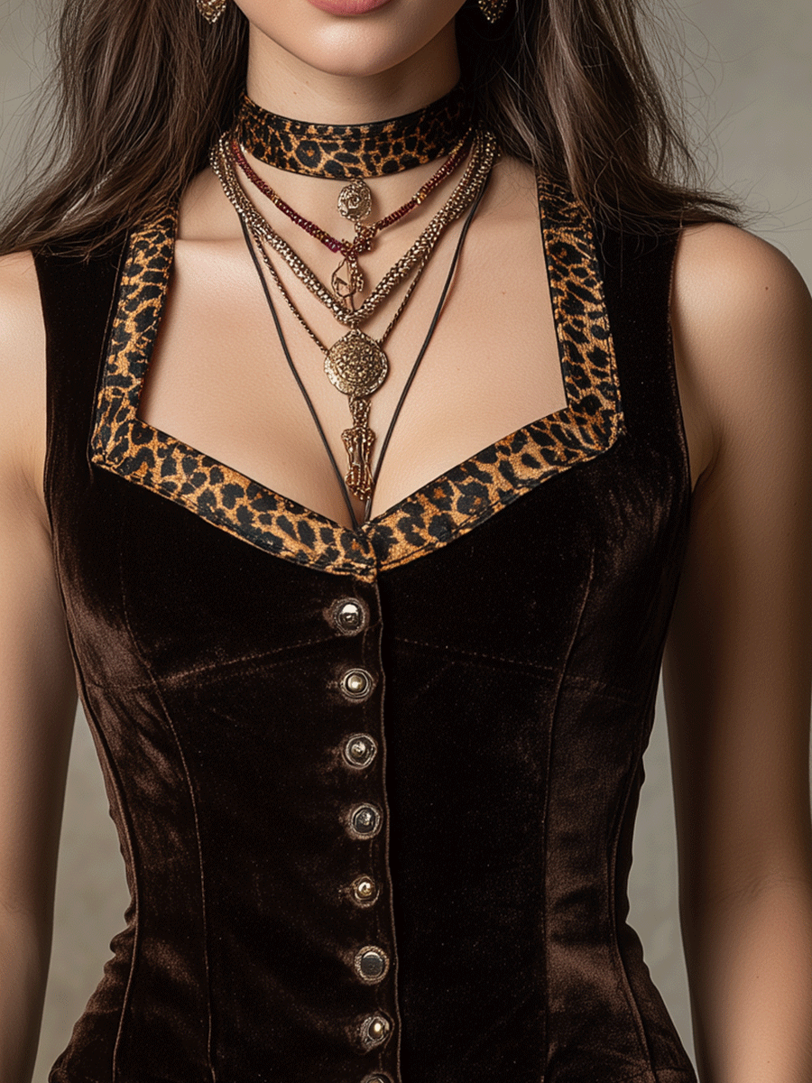 Vintage Brown Velvet Leopard Print Trim Vest