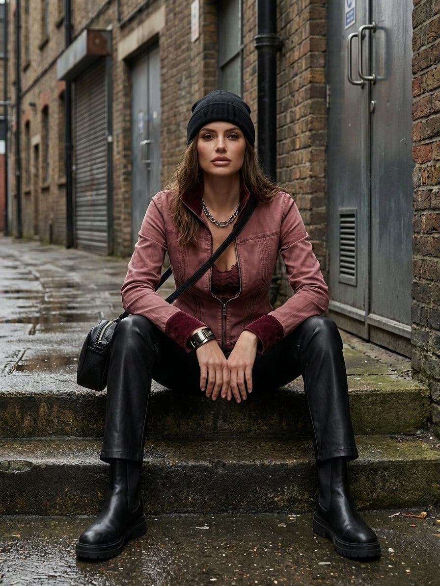 Boho Dusty Rose Fitted Zip-Up Jacket with Burgundy Velvet Collar