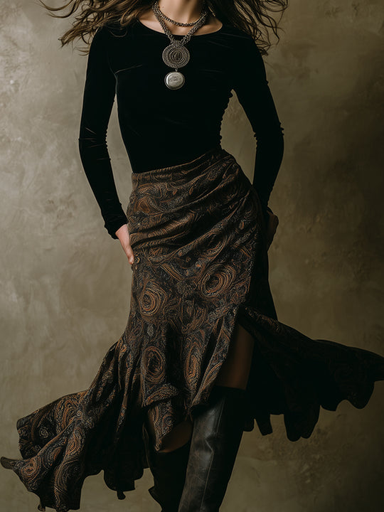 Retro Polyester Velvet Slim Fit Top & Paisley Pattern Ruffled Hem Midi Skirt Set