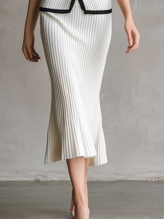Ivory Pleated Knit Contrast Trim Vest Top & Midi Skirt Two-Piece Set