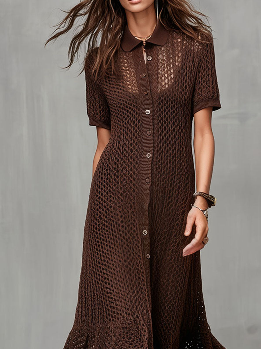 Quiet Luxury Chocolate Brown Crochet Knit Shirt Dress