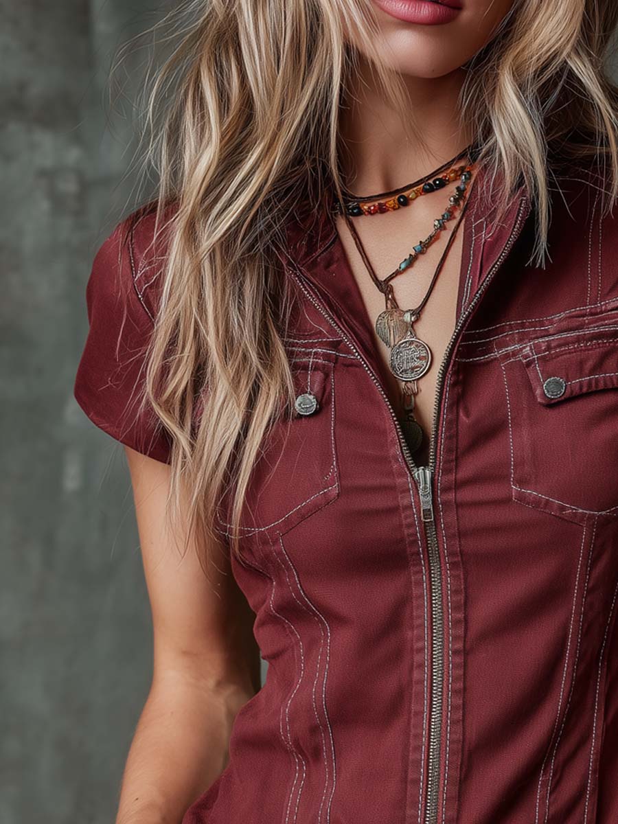 Vintage Short-sleeved Zippered Placket Denim Blouse