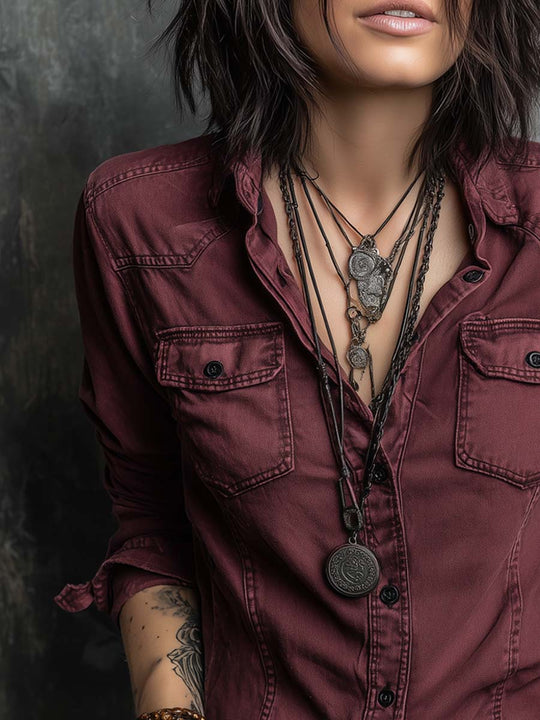 Retro Flap Chest Pocket Long-sleeved Denim Blouse