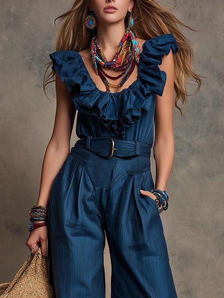 Boho-Vintage Elegant Tencel Faux-Denim Ruffle Jumpsuit