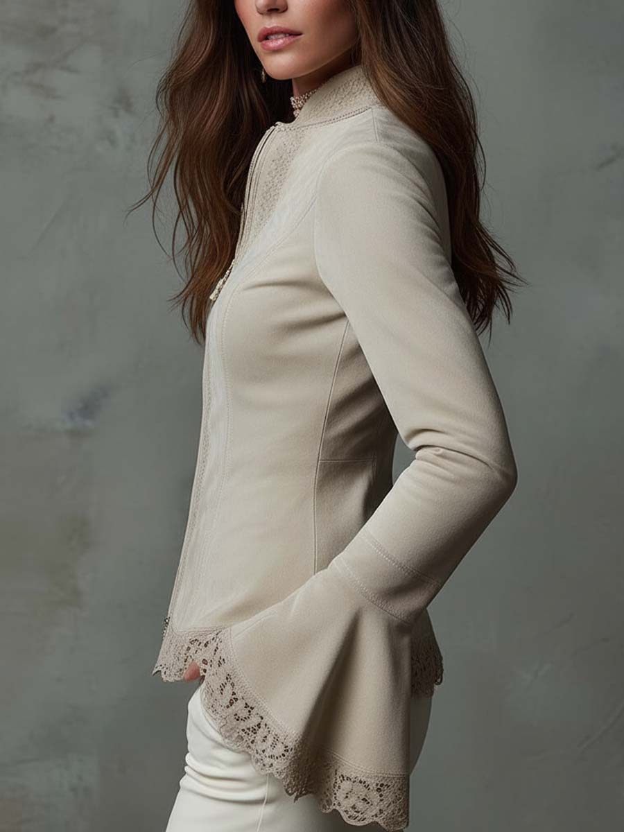 Lace-Trimmed Eco-Suede Fitted Jacket In Ivory Beige