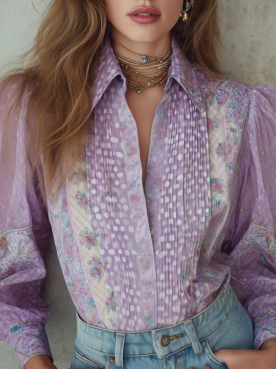 Victorian-style Chiffon Printed Blouse With Puff Sleeves