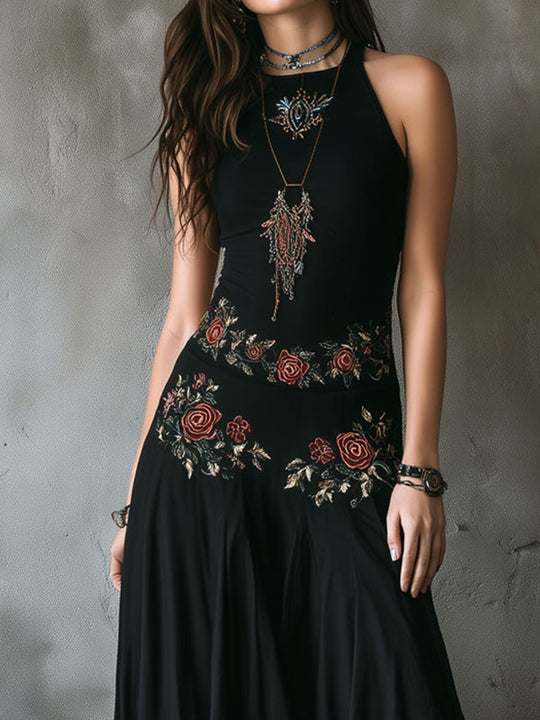 Boho Black Embroidered Halter Neck Maxi Dress