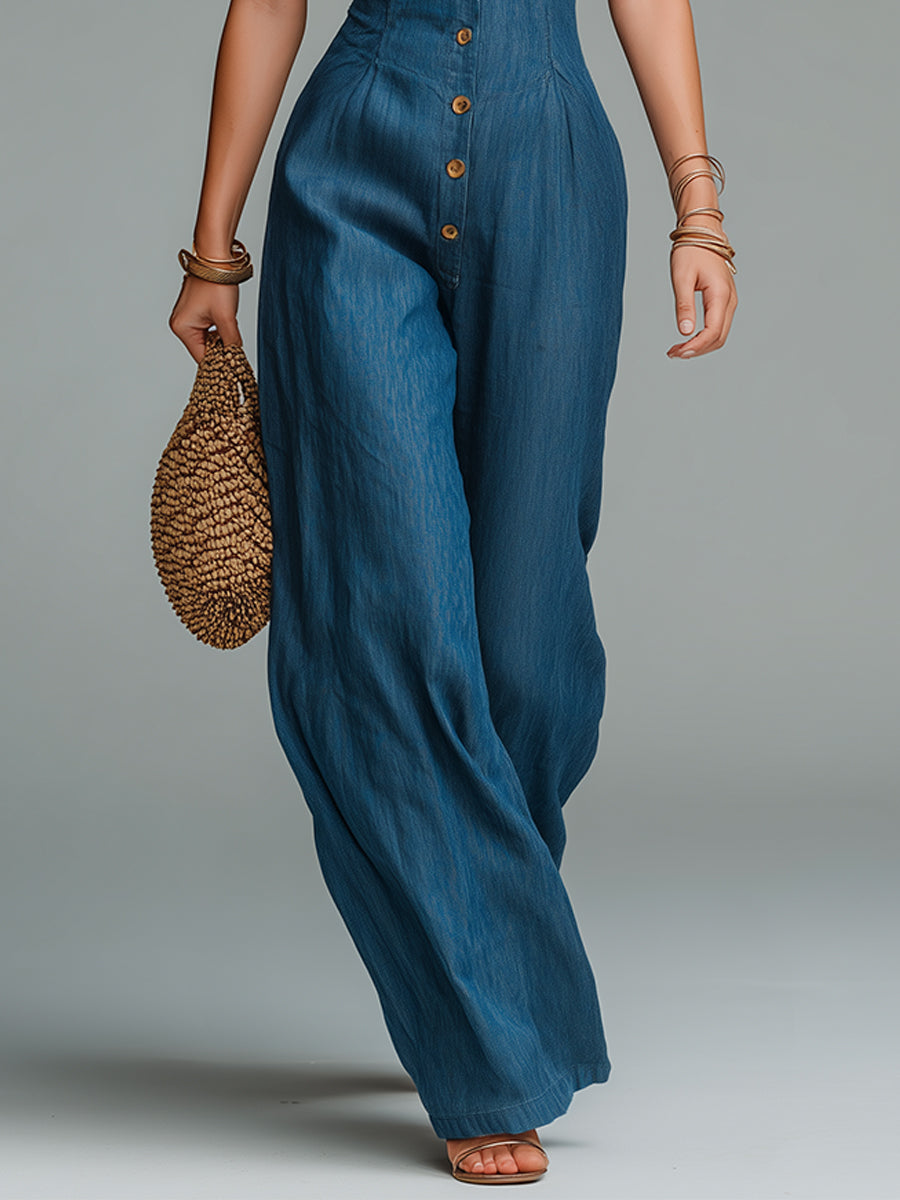 Retro Tencel Denim Shirt-collar Straight-leg Jumpsuit