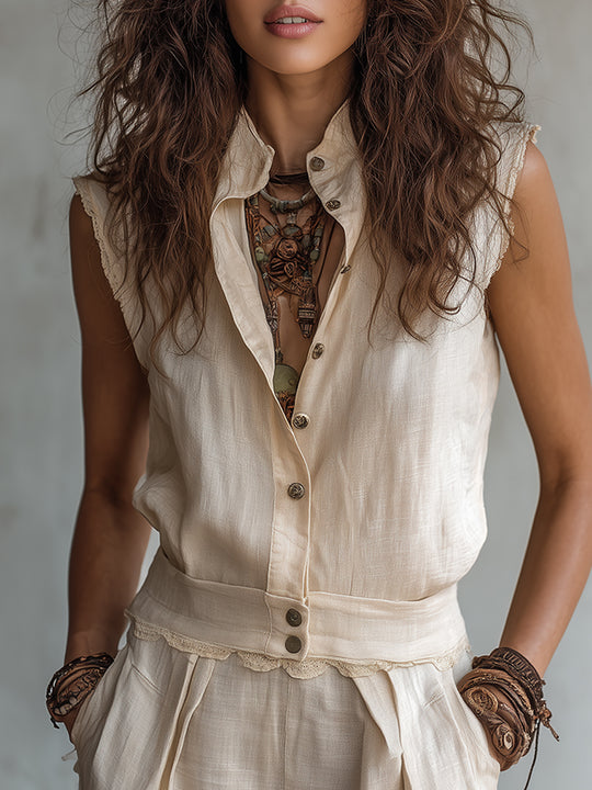 Retro Cotton Sleeveless Blouse & Shorts Set With Lace Trim