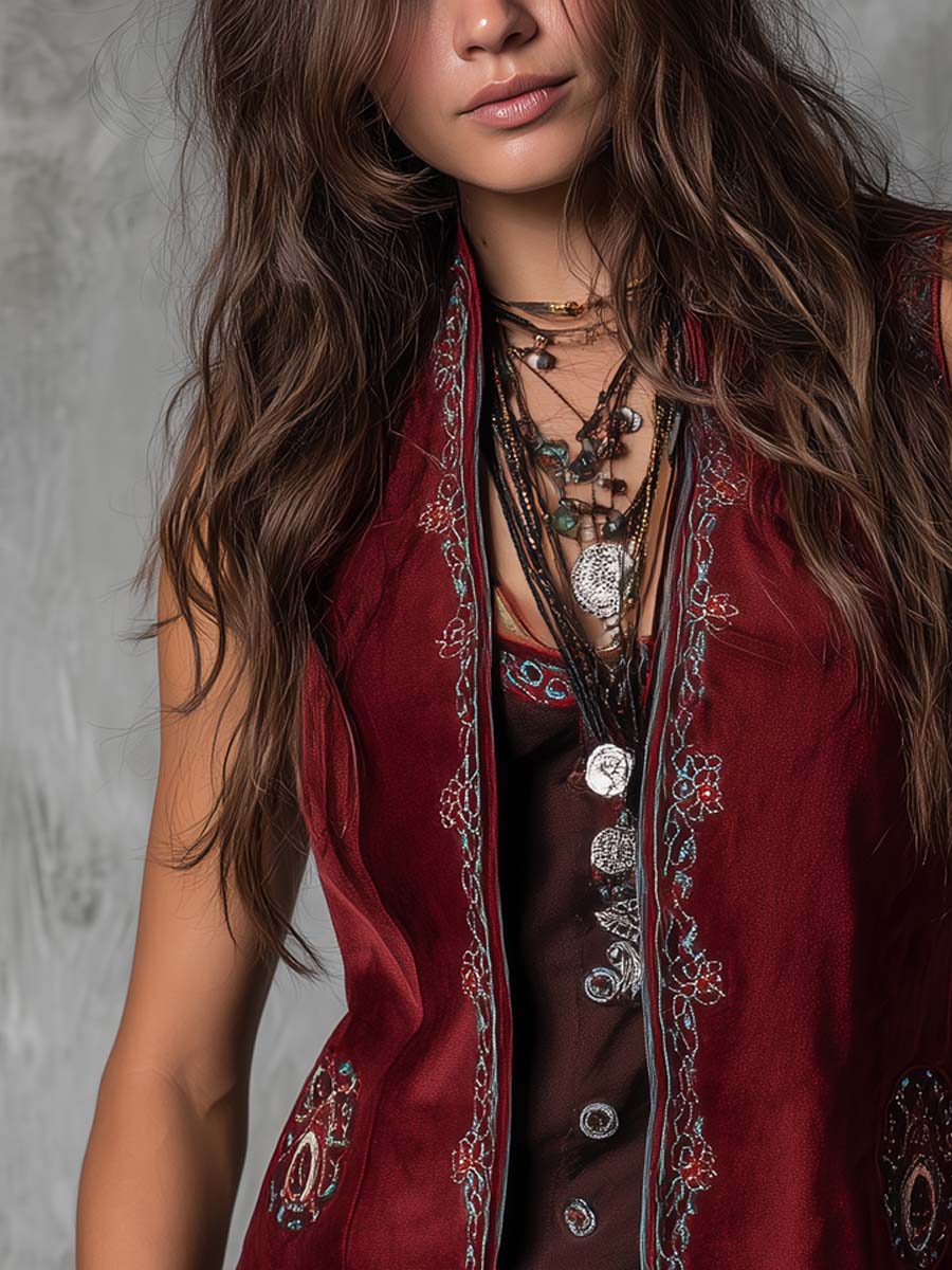 Retro Embroidered Trim Polyester Satin Vest