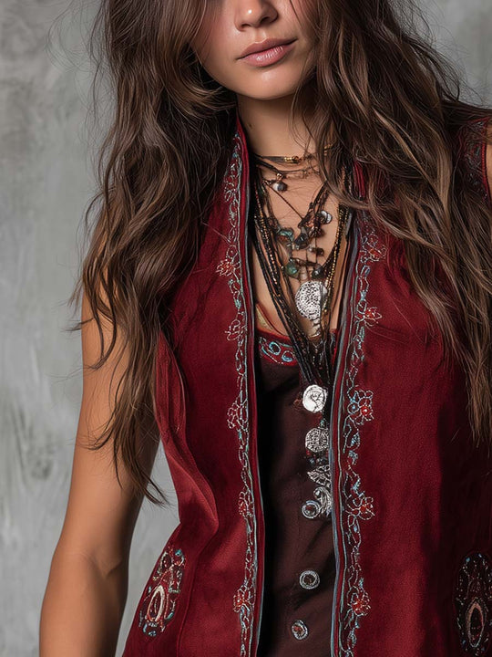 Retro Embroidered Trim Polyester Satin Vest