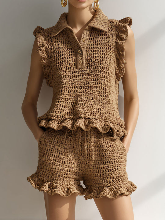 Camel Crochet Ruffle Knit Sleeveless Polo Top Drawstring Shorts Set