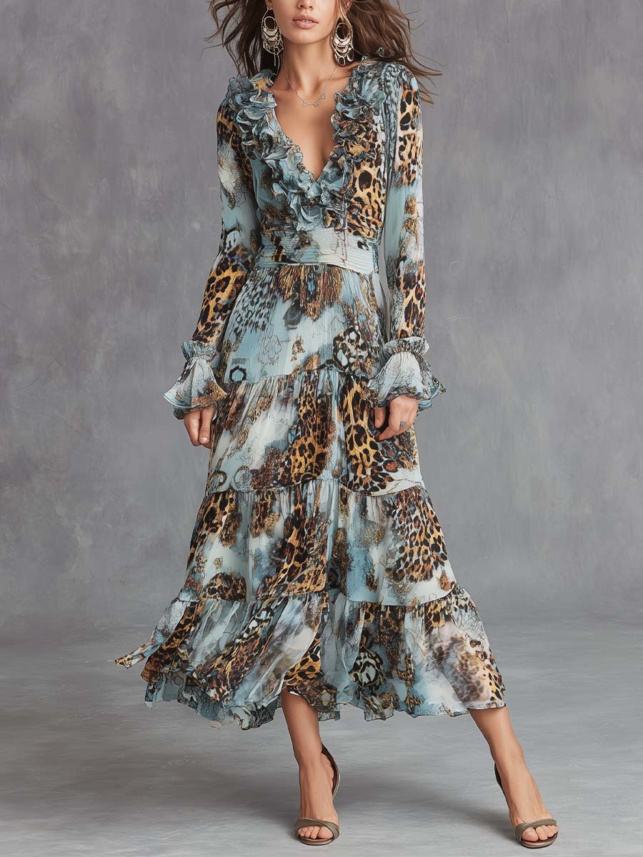 Ruffled V Leopard Patchwork Chiffon Maxi Dress
