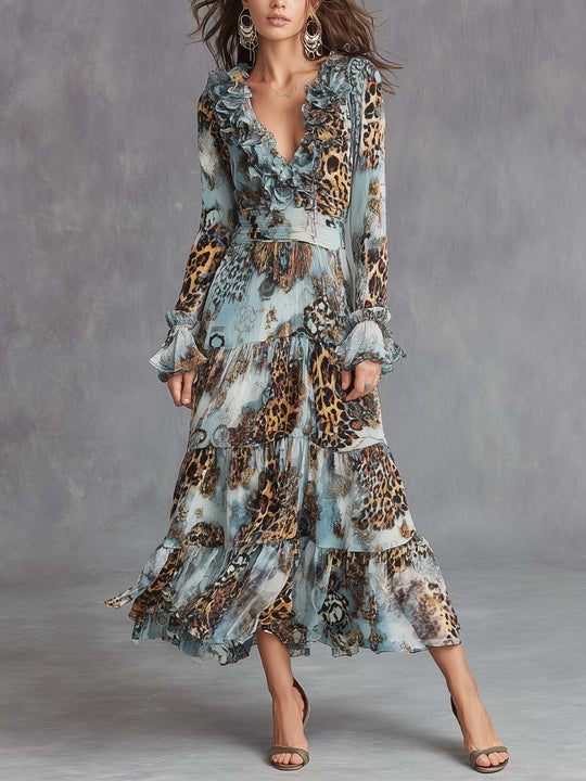 Ruffled V Leopard Patchwork Chiffon Maxi Dress