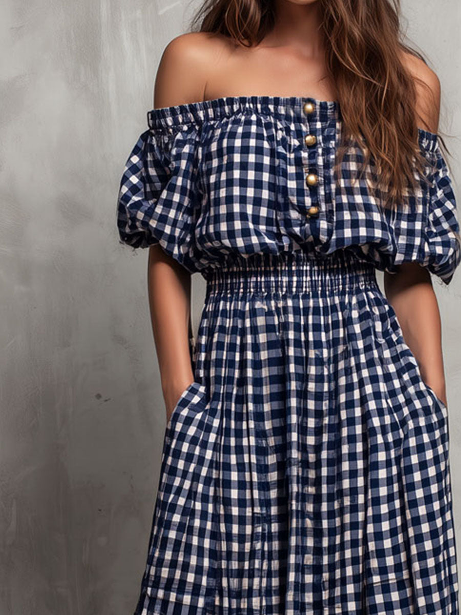 Boho Navy Gingham Off-Shoulder Maxi Dress With Smocked Waist