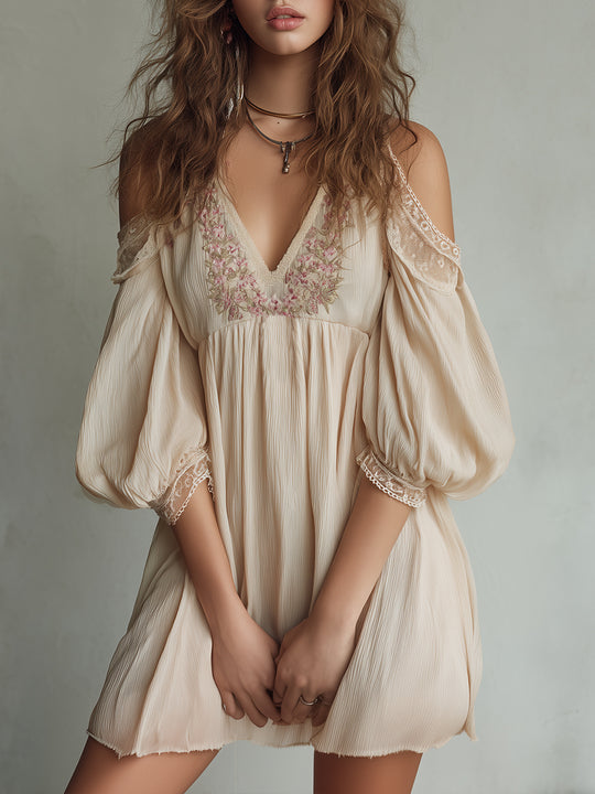 Boho Floral Embroidered Chiffon Wrinkle Mini Dress