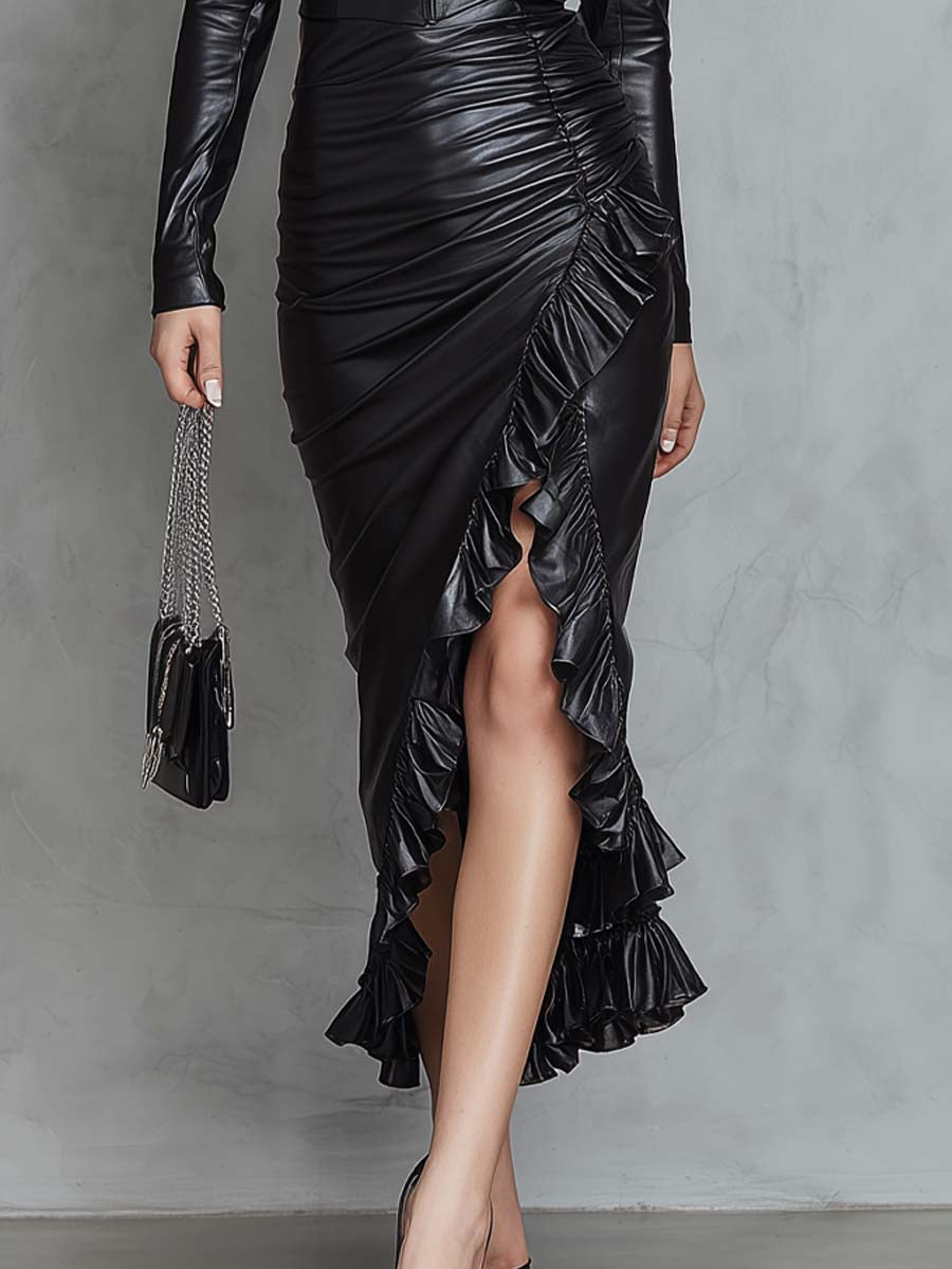 Vintage Zip-up Collar Ruffled Slit Hem Faux Leather Midi Dress