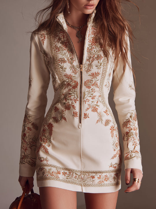 Retro Printed Webbing Embellished Half-zip Mini Dress