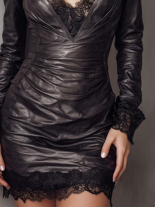 Vintage Faux Leather Lace Trim Mini Dress