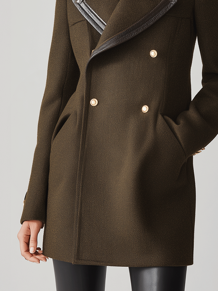 Elegant Olive Green Military-Style Gold Buttons And A Leather Lapel Coat
