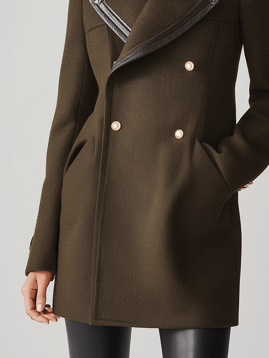 Elegant Olive Green Military-Style Gold Buttons And A Leather Lapel Coat