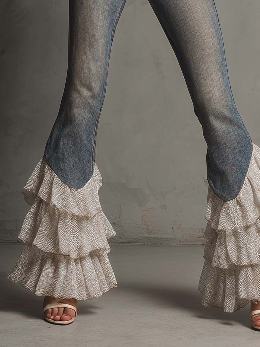 Vintage Flared Denim Pants With Layered Mesh Ruffle Hem