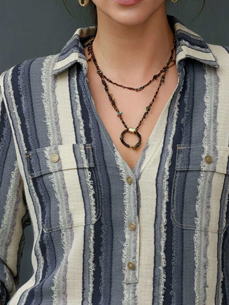 Boho Navy & Cream Striped Frayed Trim Buttons Soft Yarn Blouse