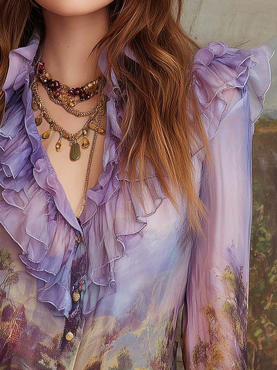 Retro Style Pastel Floral Ruffled Blouse