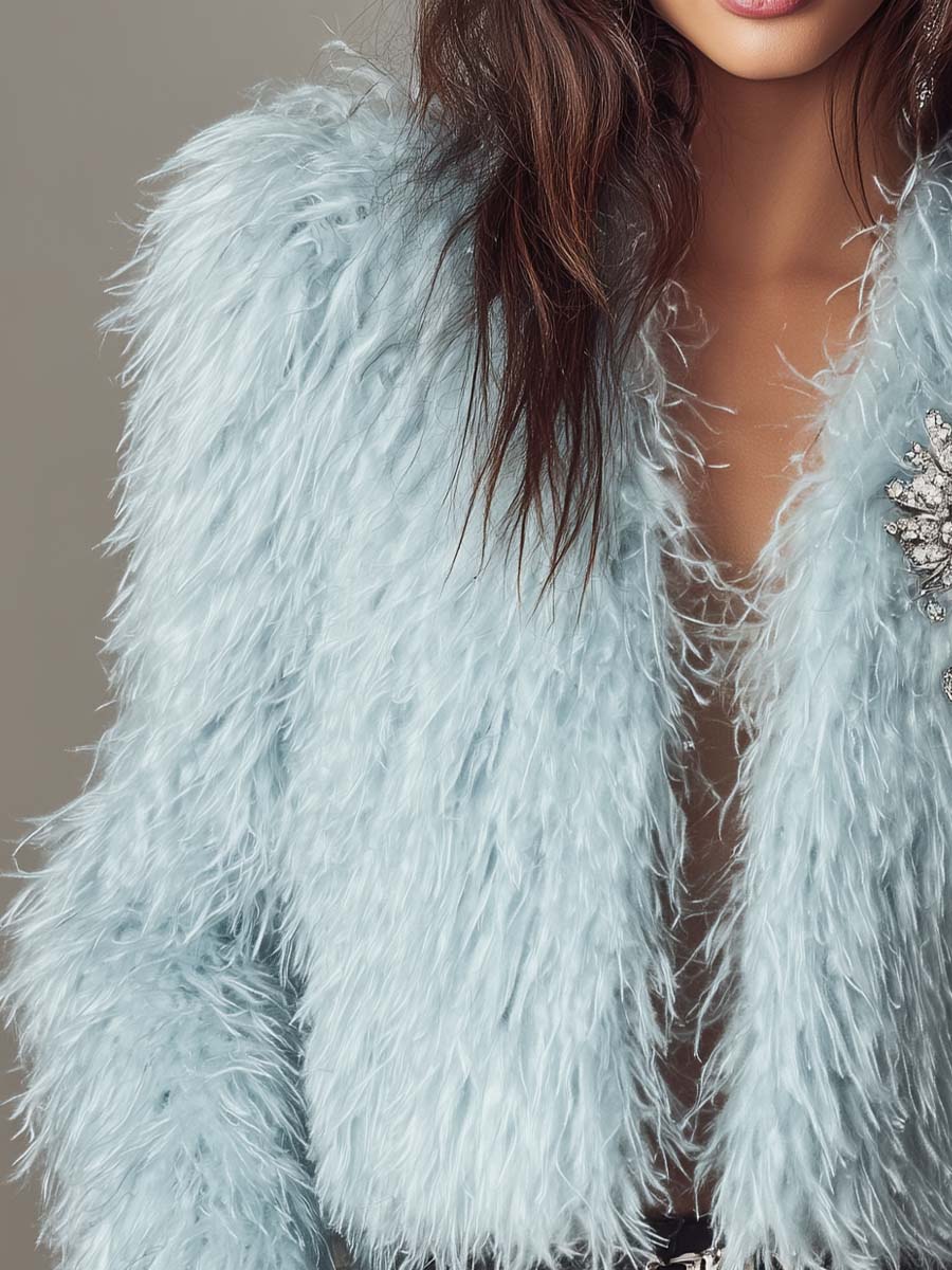 Ice Blue Feather-Texture Faux Fur Jacket