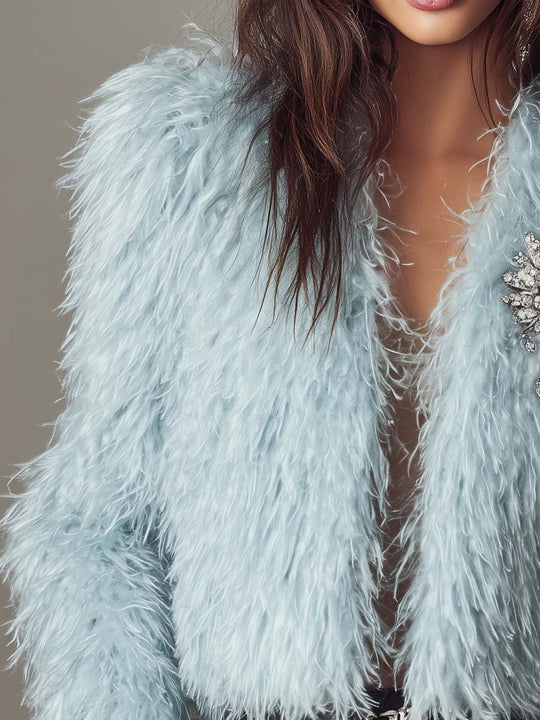 Ice Blue Feather-Texture Faux Fur Jacket