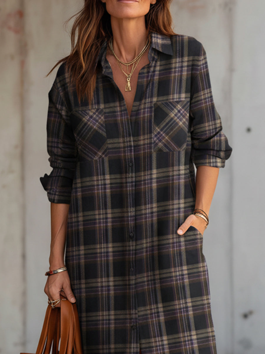 Retro Wool Plaid Straight Shirt Mid-length Dress