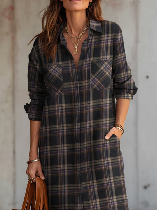 Retro Wool Plaid Straight Shirt Mid-length Dress