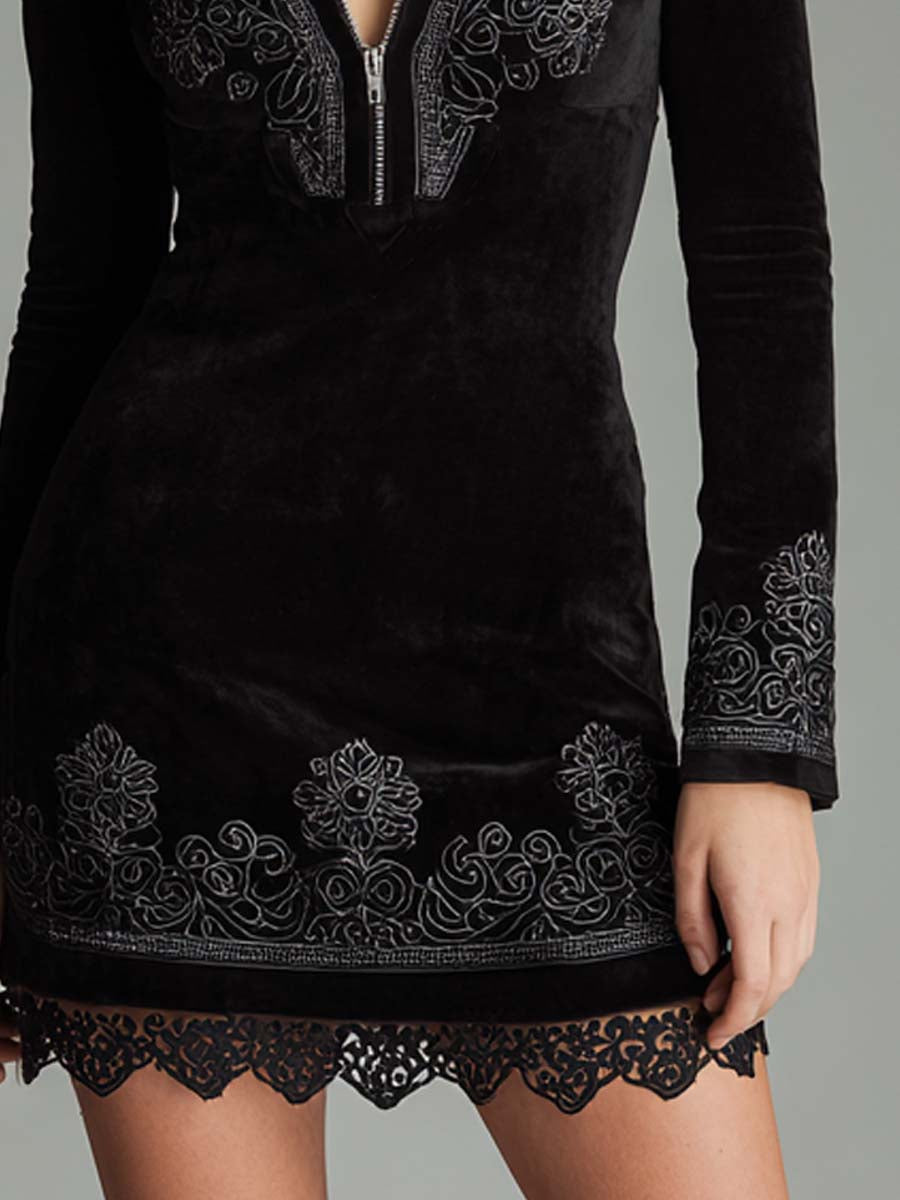 Retro Zipper Collar Ethnic Style Embroidered Polyester Velvet Mini Dress